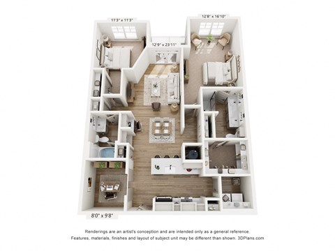 Floor plan for 2 beds, 2 baths, 1307 sqft